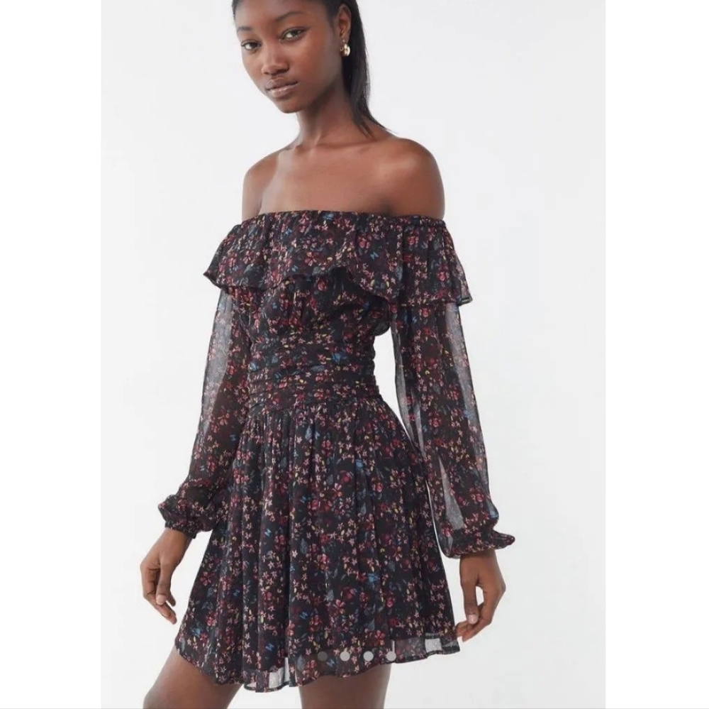Urban Outfitters Floral Off The Shoulder Mini Dress With Sheer Long Sleeves
